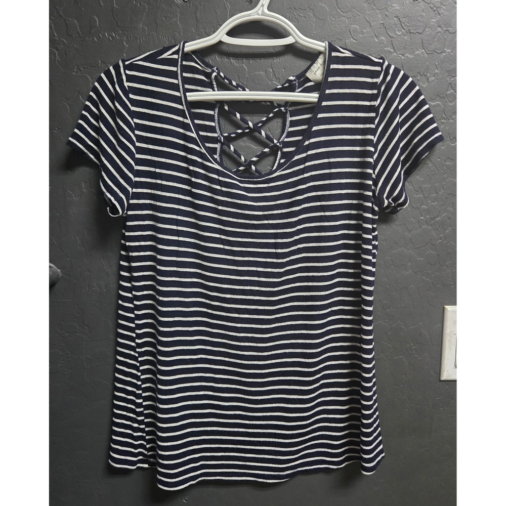 Free Kisses Navy Blue White Striped Lattice Criss Cross Neck Tee‎ Shirt Large